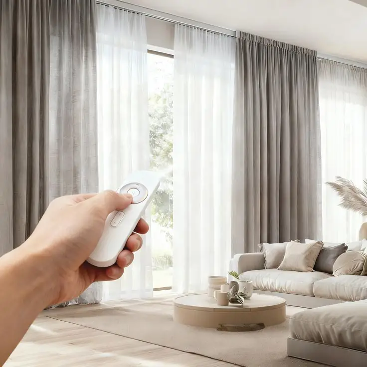 Motorised sheer and blackout curtains in a living room operated with a remote control