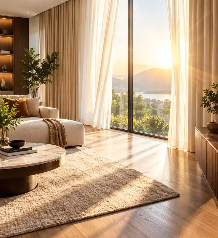 Floor-to-ceiling automated curtains opening to a sunrise view in a modern villa living room