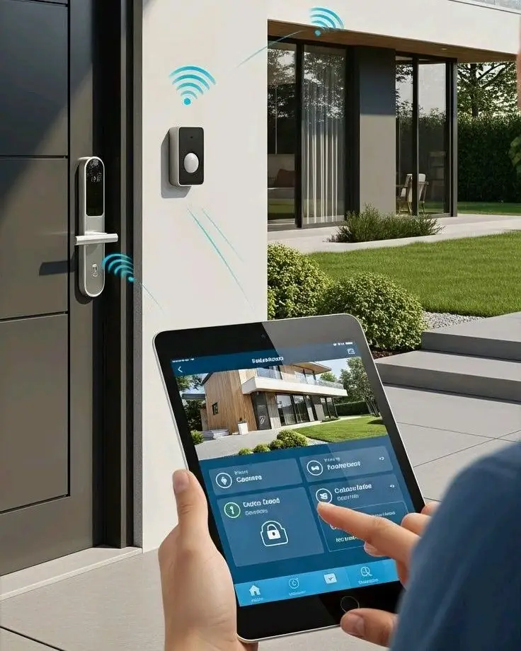 Video doorbell and smart lock at a villa entrance, answered from a tablet app