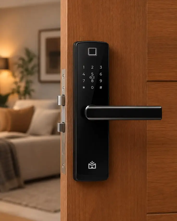Fingerprint and PIN smart door lock fitted on a wooden main door