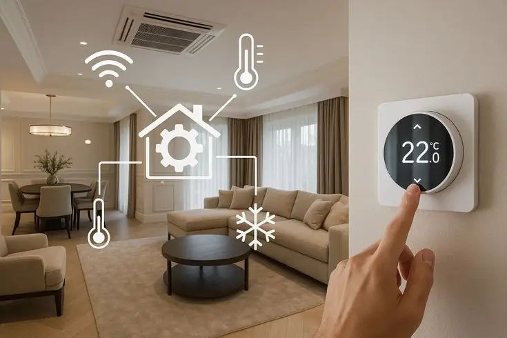 Smart thermostat set to 22 °C controlling air conditioning in a living room