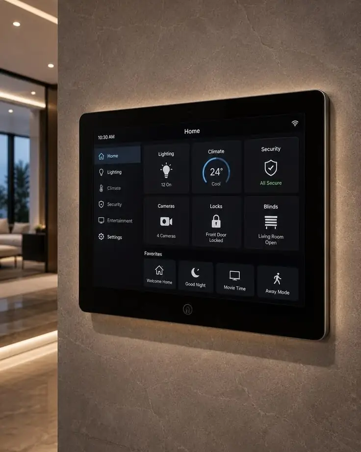 Home automation touch panel on a stone wall showing lighting, 24 °C climate, cameras, locks and blinds controls